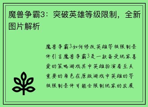 魔兽争霸3：突破英雄等级限制，全新图片解析